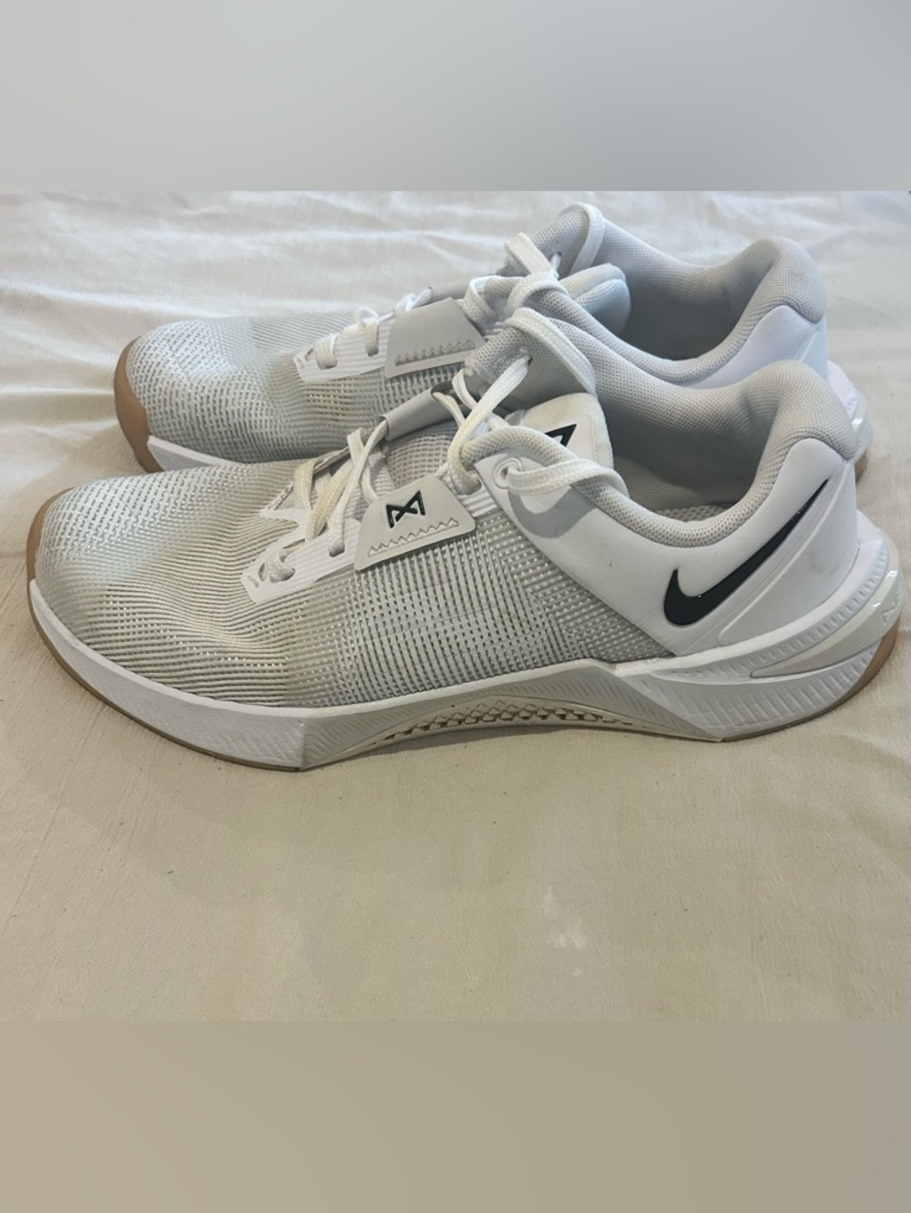Nike Women’s White and Light Gray Athletic Shoes with Black Swoosh and Gum Toe
